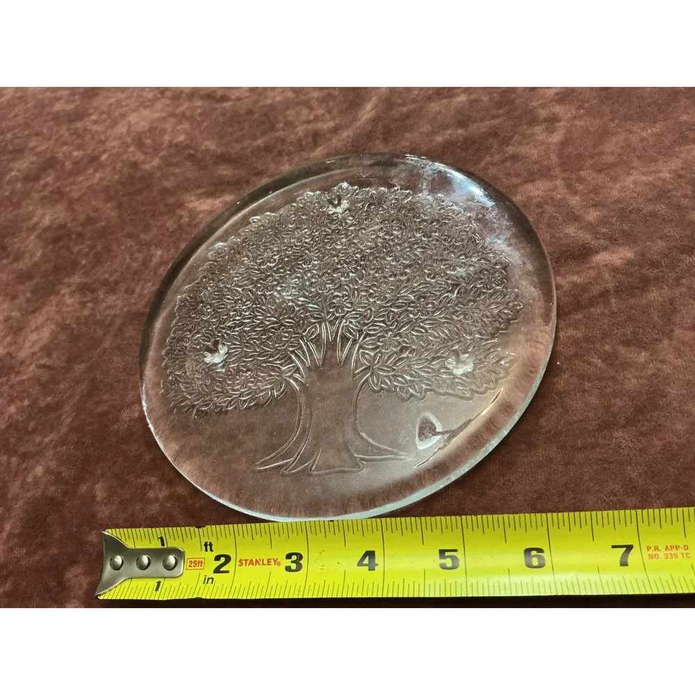 Vintage Clear Glass Tree of Life Round Serving Platter Trivet 7.5 Inch